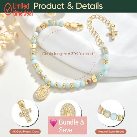 14K Gold Plated Virgin Mary Cross Bracelet Adjustable Dainty Beaded - Picture 5 of 8